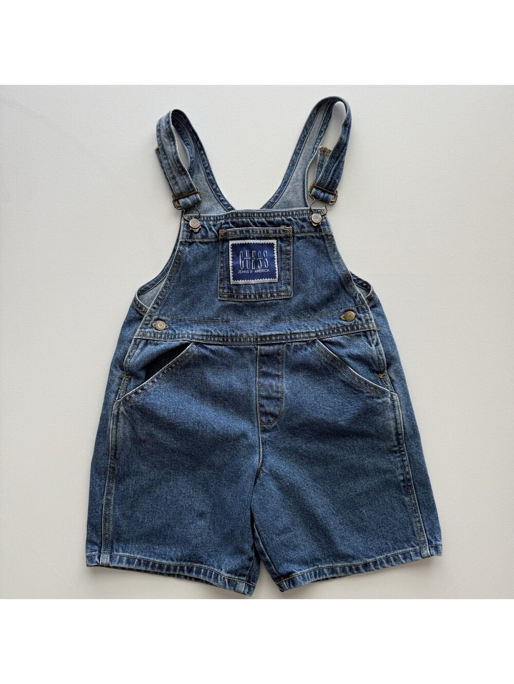 Vintage Guess Baby White Denim Short Overalls Size 3Y USA Made Jean Romper